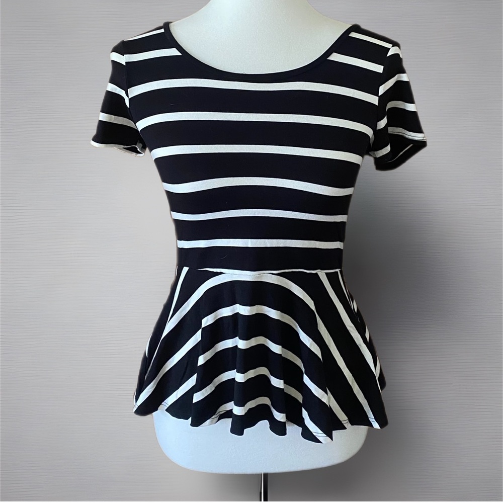 Aqua Peplum Striped Short Sleeve Top Navy/White Sz M